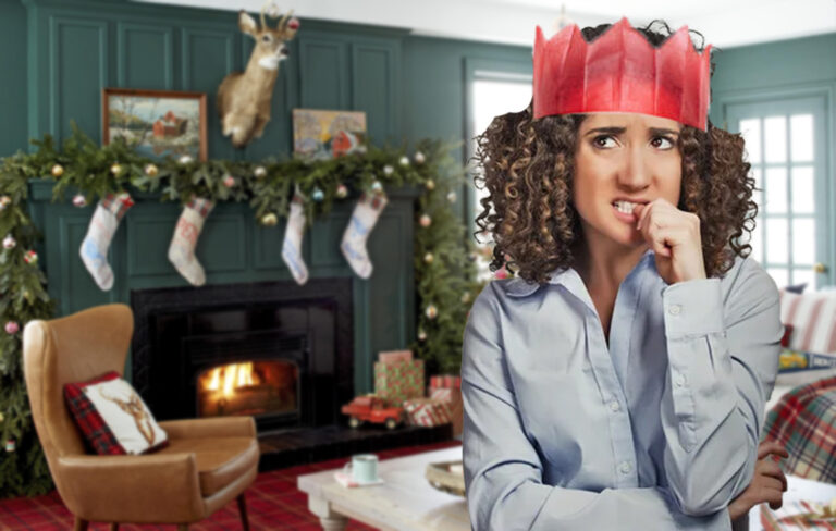 awkward woman at christmas decorated lounge