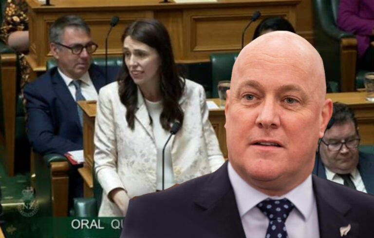 Christopher Luxon with Jacinda Ardern in debating chamber behind him.