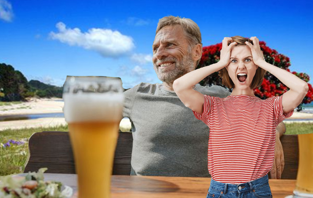 man with beer with young woman screaming in the foreground.