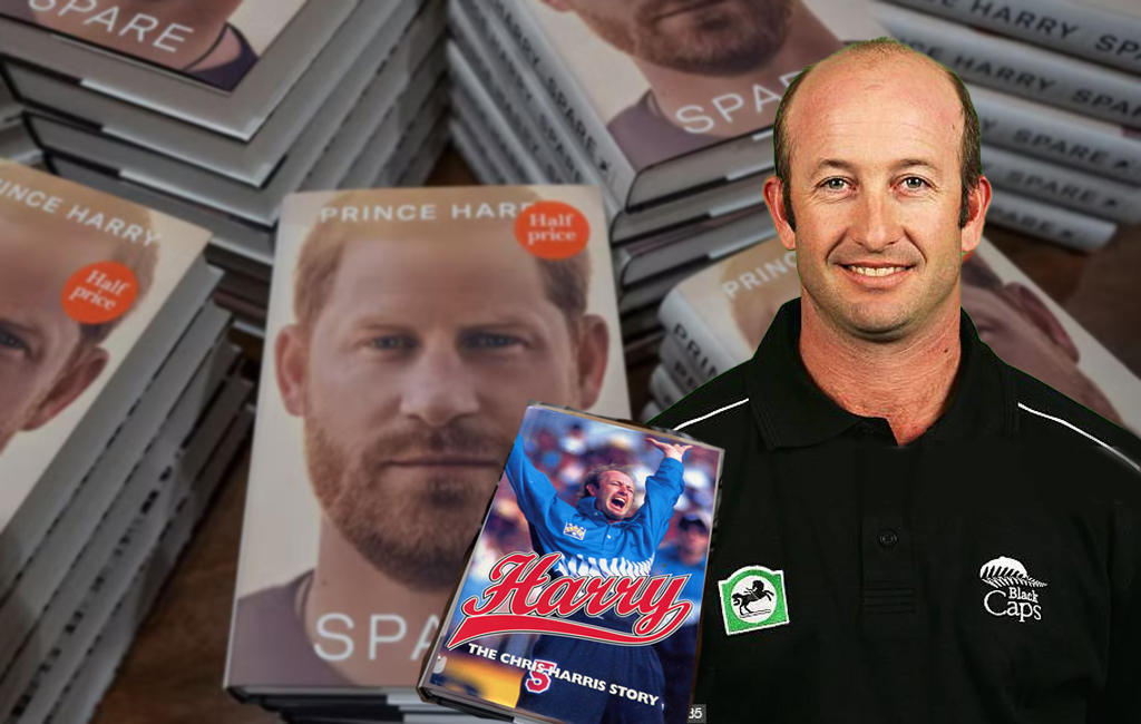 Cricketer Chris Harris in front of Prince Harry Books.