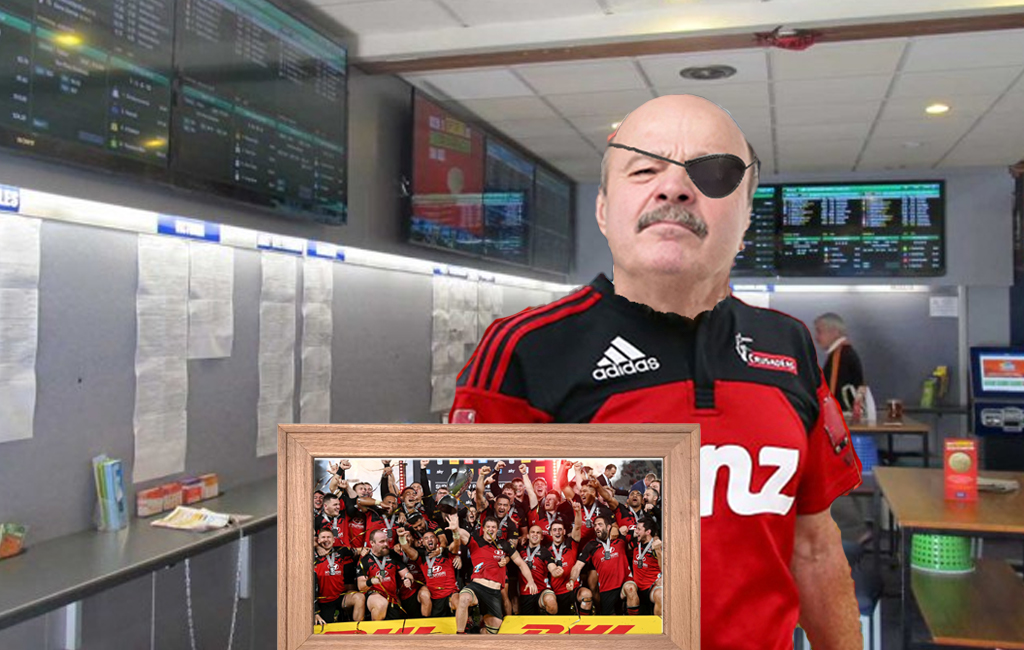 one eyed cantab at TAB with framed picture of crusaders winning super rugby