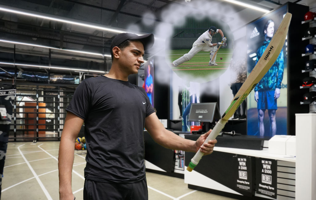 Man holding cricket bat in rebel sport and thinking about practicing a shot