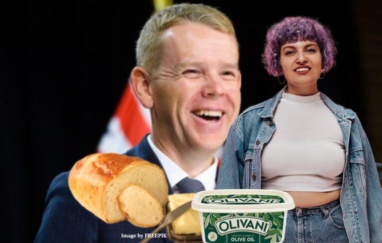 vegan lady with olivani table spread with chris hipkins in the background with his bread and butter.