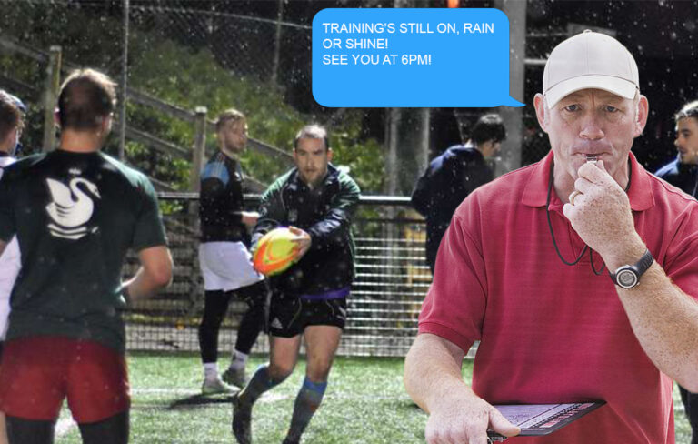 rugby coach with whistle and players training in background.