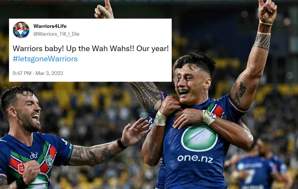 warriors fan tweeting "Up the warriors, our year #letsgonewarriors" with image of warriors team.