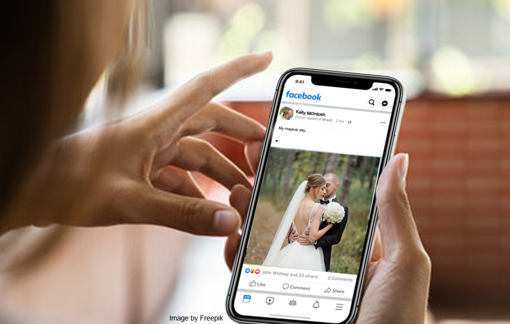woman scrolling through facebook seeing wedding photo