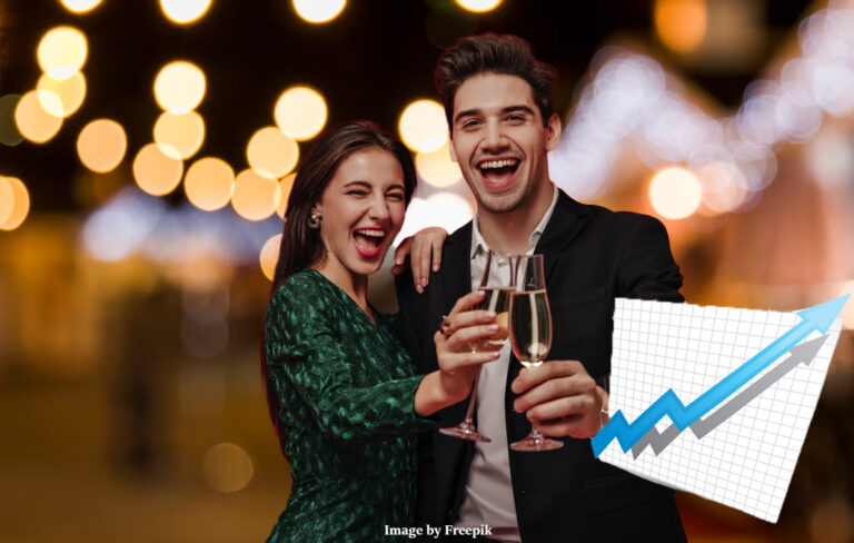 couple celebrate with champagne, with graph going up in foreground