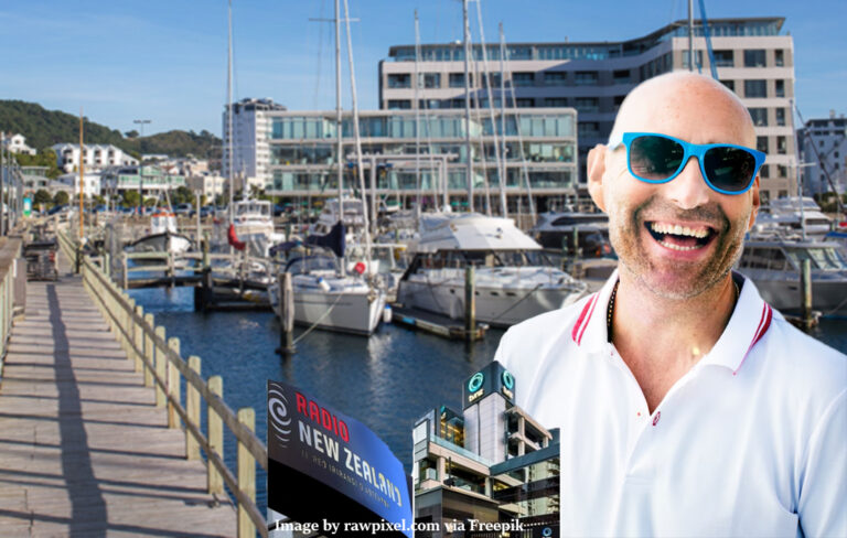 man laughing at marina with tvnz rnz merger image in foreground.