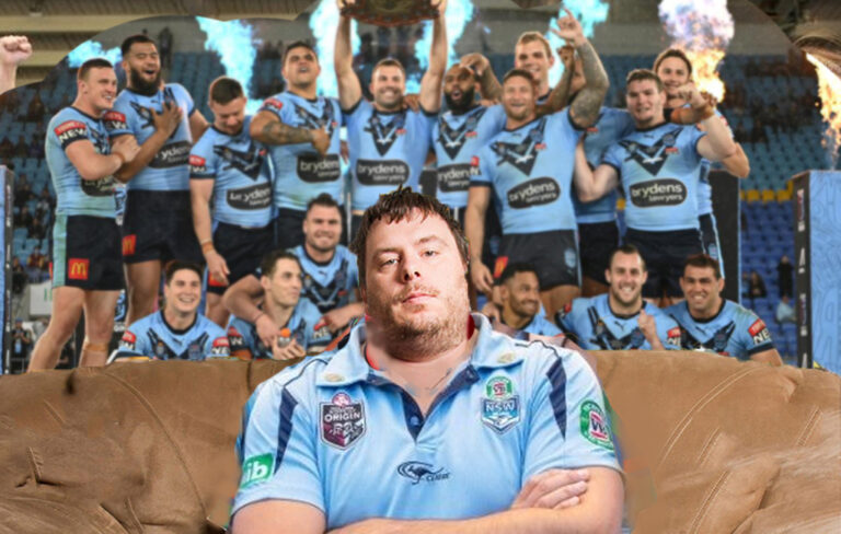 fake nsw blues fan on couch