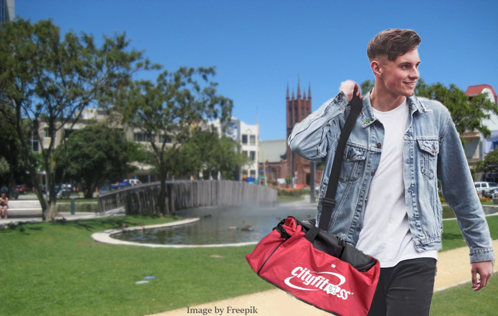 man with city fitness bag in palmy's Square