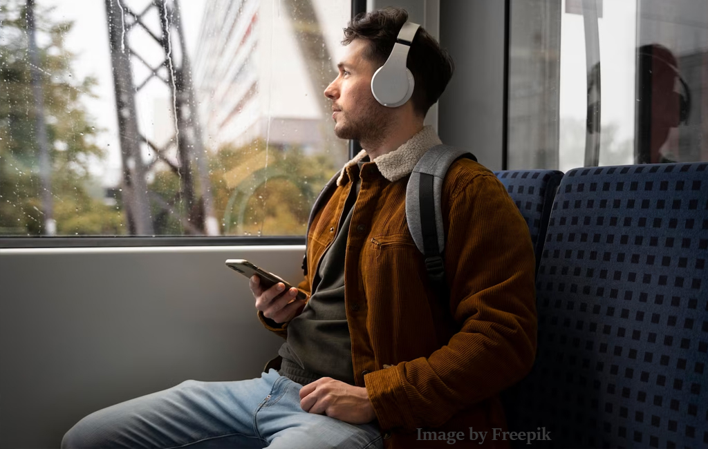 man sitting on train with noone next to him.