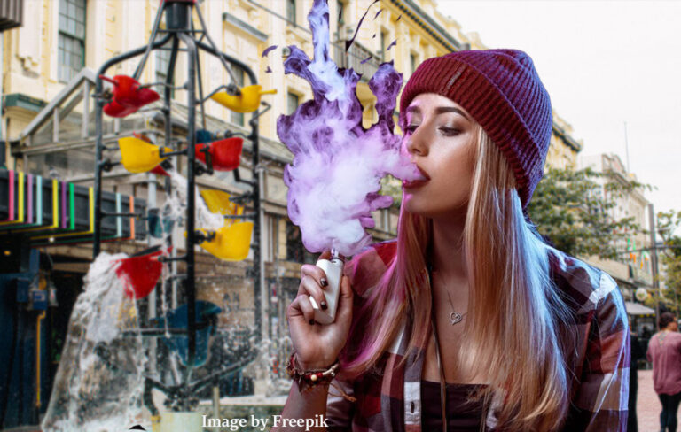 woman vaping by bucket fountain on cuba street