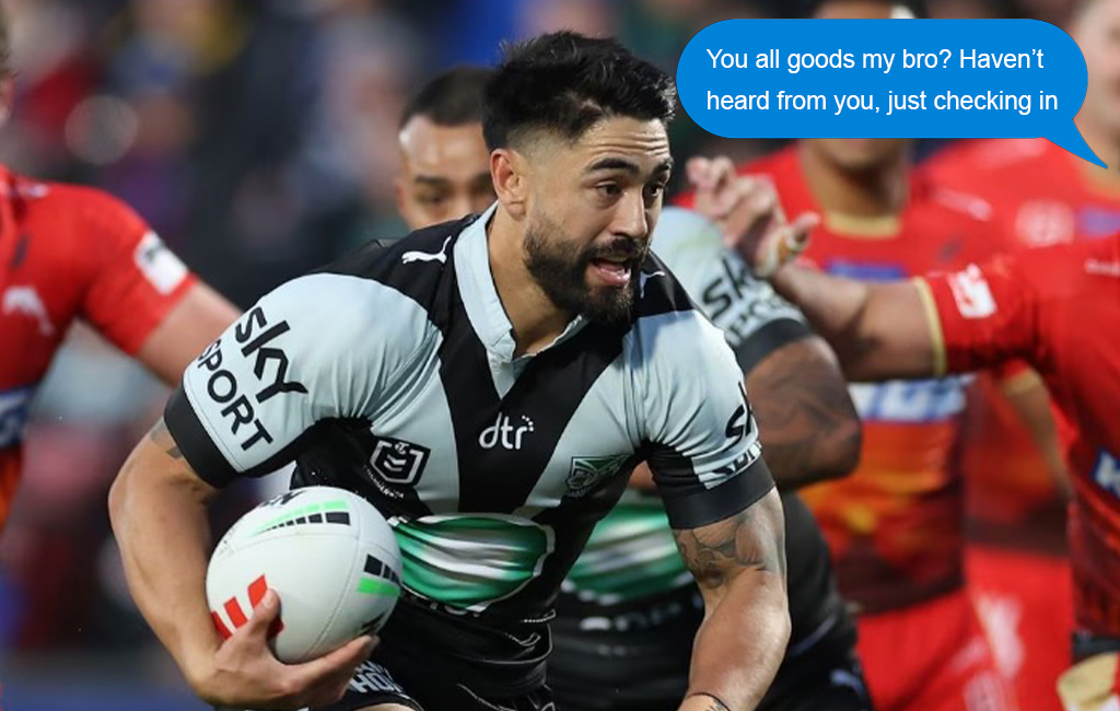 shaun johnson carrying the ball for the warriors with iphone message above him saying "You all goods my bro? Haven't heard from you, just checking in".