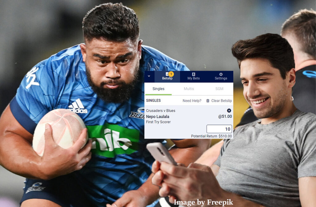 man on phone with Laulala bet and pic of blues prop Nepo Laulala