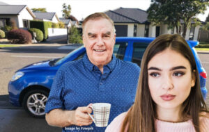 dad with cup of coffee talking to daughter about car in background.