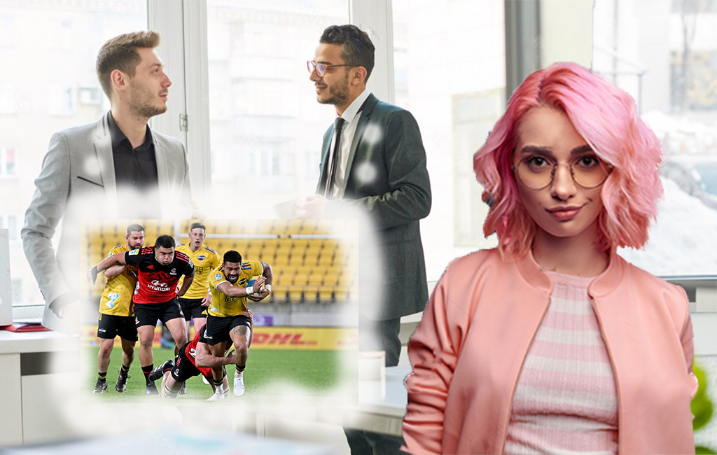pink haired millennial smirks while men talk about rugby