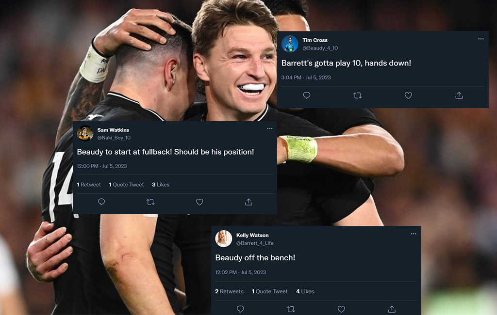 beauden barrett surrounded by tweets about his position