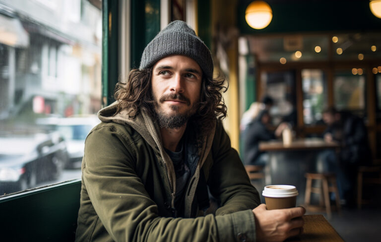 hipster man having a coffee in a cuba street cafe, Wellington.