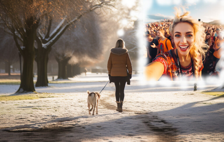 woman walking dog in hagley park while thinking about being at summer music festival.