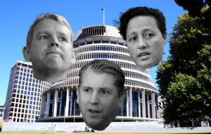 the faces of chris hipkins, michael wood and kiri allan with the beehive in the background.
