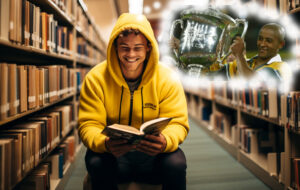 Australian man in yellow hoodie reading book in library, while thinking about george gregan lifting the bledisloe cup