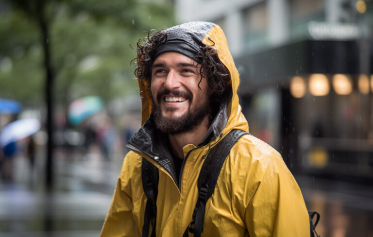 man in yellow parker in wellington wet day