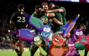 All blacks losing to South Africa with the Space Jam aliens in the foreground.