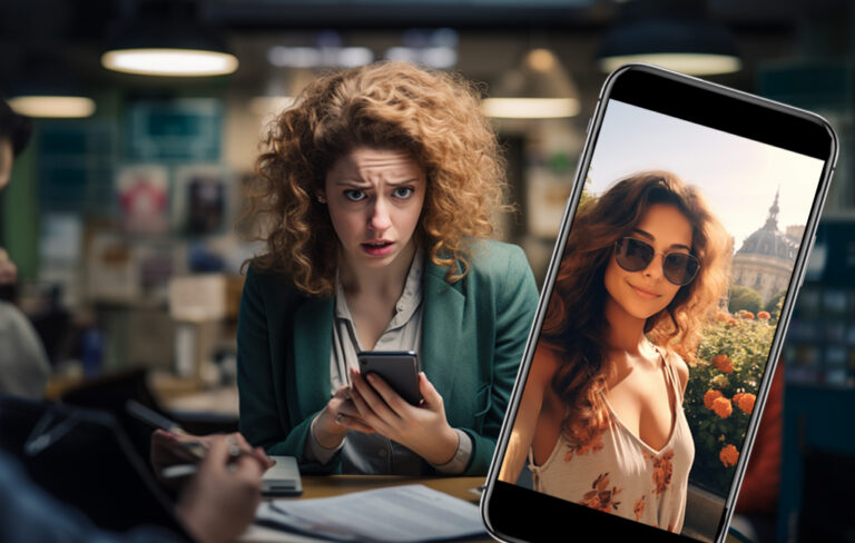 woman stuck in the office being punished by pictures of her friends on holiday.