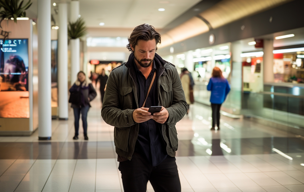 man looking at phone in Queensgate shopping centre