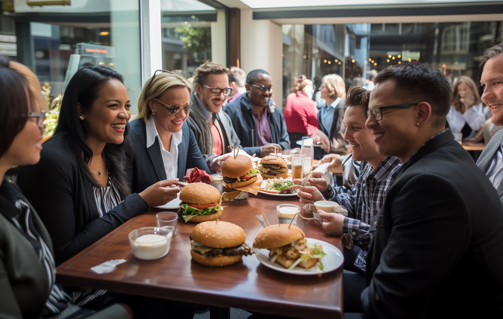 group of public servants eating burgers in restaurant