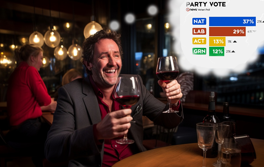 mike hosking having a couple of wines in a bar, thinking about the latest political poll results