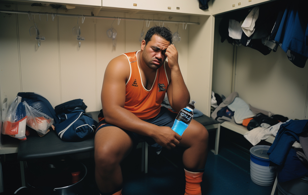 hungover rugby player sitting in changing rooms with blue powerade.