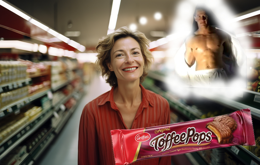 blushed mum in supermarket thinking about shirtless carlos spencer, with toffee pops in the foreground.