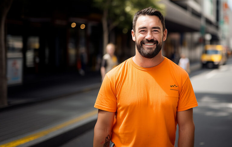 Man in hi vis teeshirt on Lambton Quay wellington.