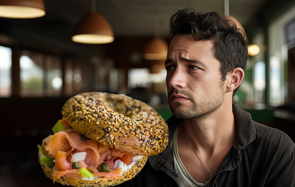 Man in cafe thinking about the capers in his bagel