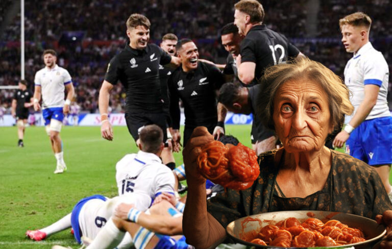 nonna with meatballs in front of losing italy rugby team