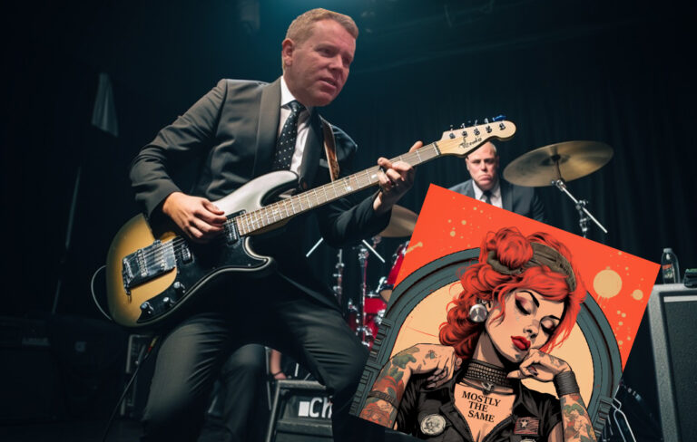chris hipkins and chris luxon playing punk rock on stage with their album in the foreground