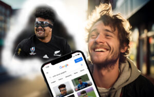 relieved man smiling and thinking of ardie savea wearing goggles and his phone confirming with a google search.