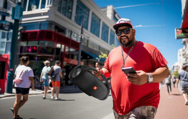 man with bluetooth speaker on courtenay place.