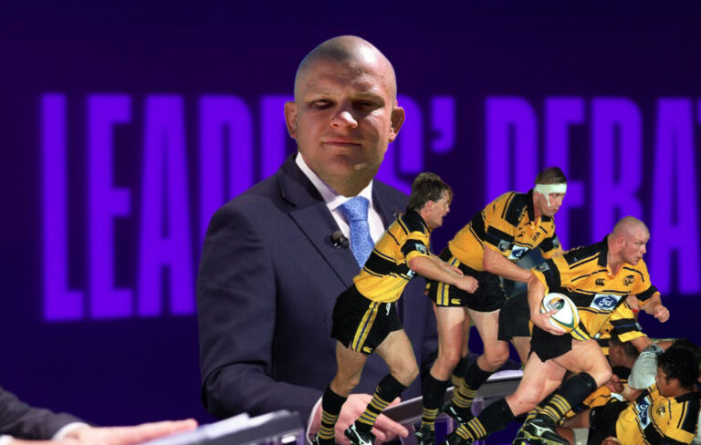 Bull Allen at leaders debate with pic of him playing for hurricanes in front
