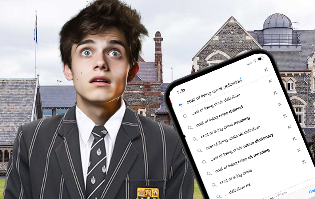 christ's college boy looking shocked with cost of living crisis definition plugged into phone's google.