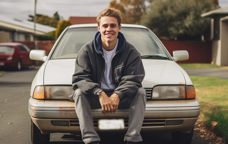 man smiling leaning on old car