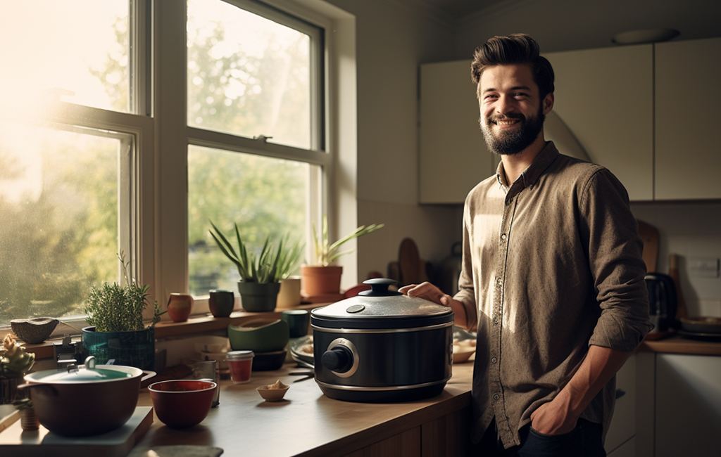 man in kitchen with slow cooker