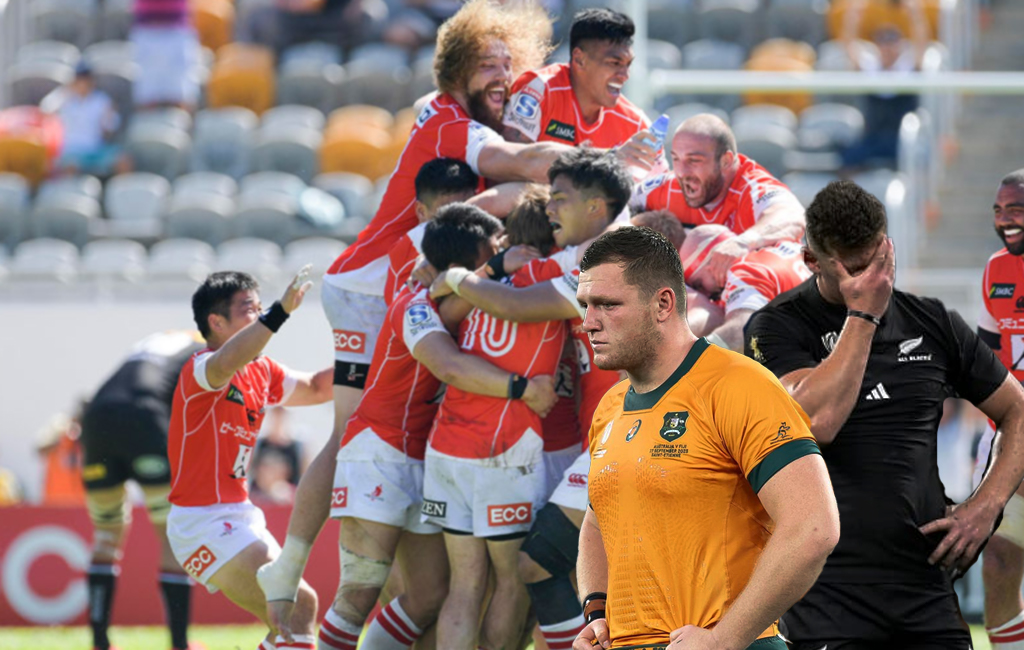 Sunwolves rugby team celebrating in background, while All Black and Wallaby look dejected.