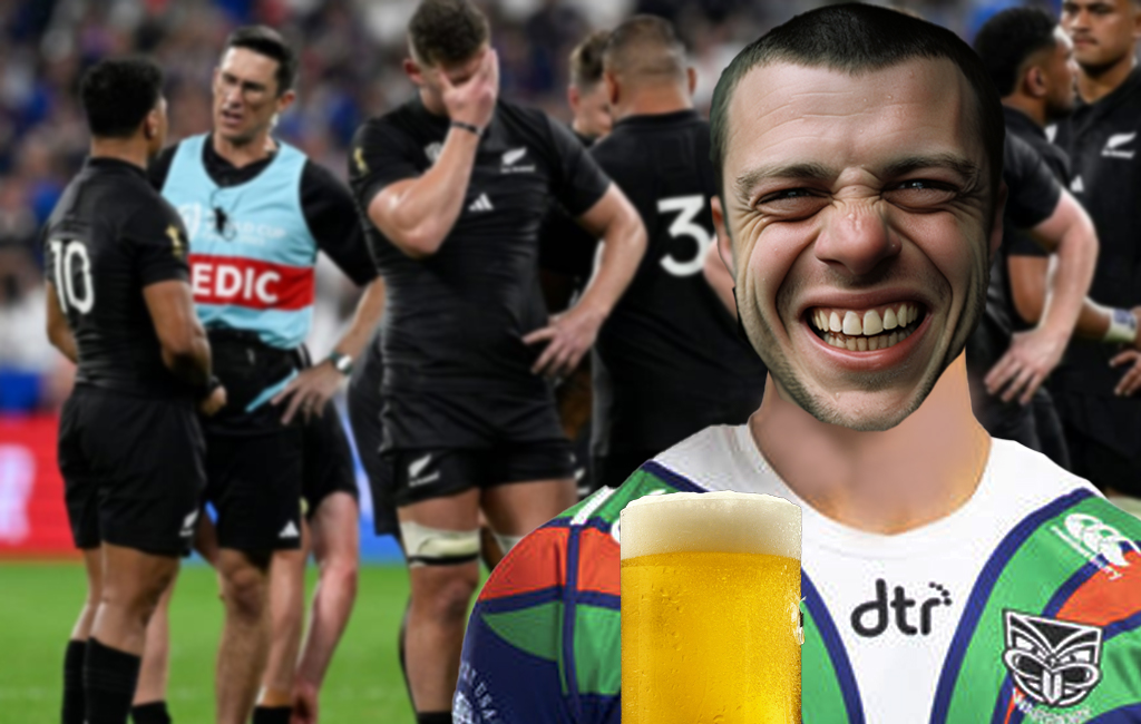 man smiling through gritted teeth with Wahs jersey, ignoring the all blacks loss