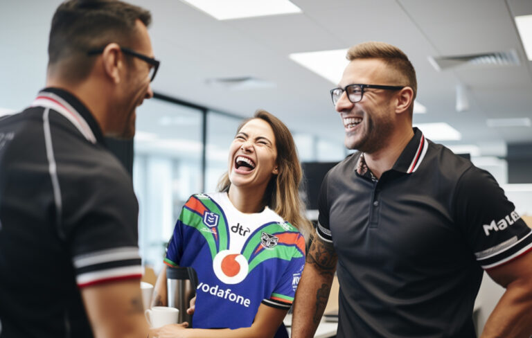 office chat between two men and a woman in a warriors jersey