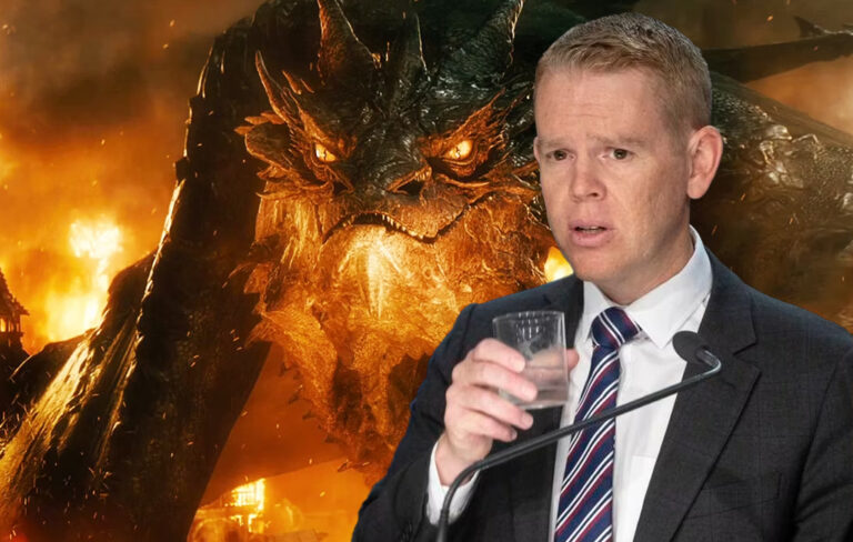 chippy feeling the heat, drinking a glass of water with fire breathing dragon behind him.