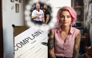 pink haired woman sitting in HR office thinking about a complaint against her and the all blacks and wayne barnes.