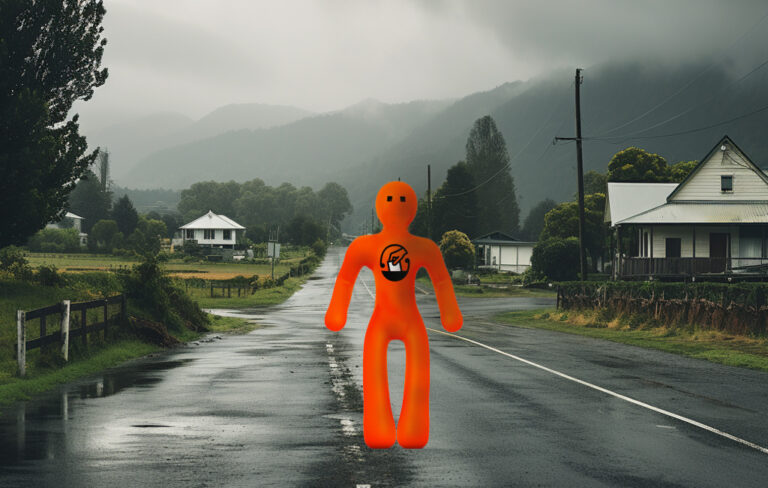 orange guy standing menacingly in the middle of the road on a gloomy day