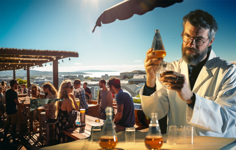 scientist examining beer with rooftop bar in background